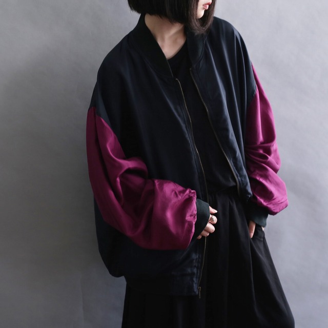 bi-color switching design l/s silk blouson