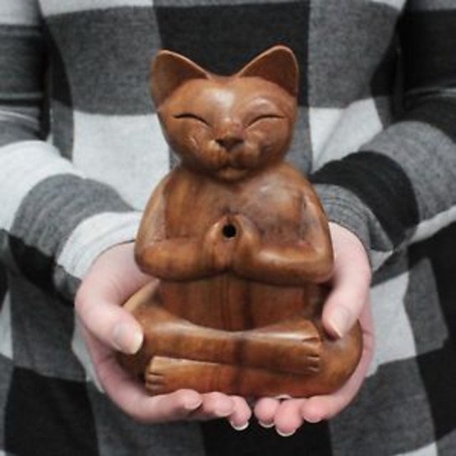 【送料無料】ヨガディスク17cm wooden yoga cat carved incense burner  10 cm wooden disc  ideal gift