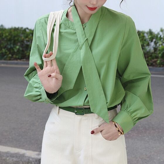 タイ付き ラウンドネックブラウス 00229