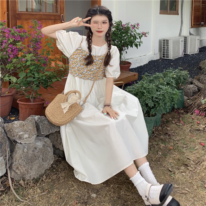 ドレス サマースリーブロングスカート 大人ガーリー スウィート キュート カジュアル 夏物 フラワーデザイン YY-ファッション41145970014