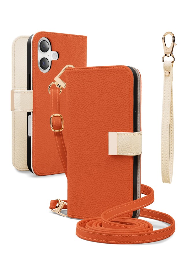 MINTY iPhone17 用 ケース 手帳型 ショルダーストラップ バイカラー オレンジ×エクリュ