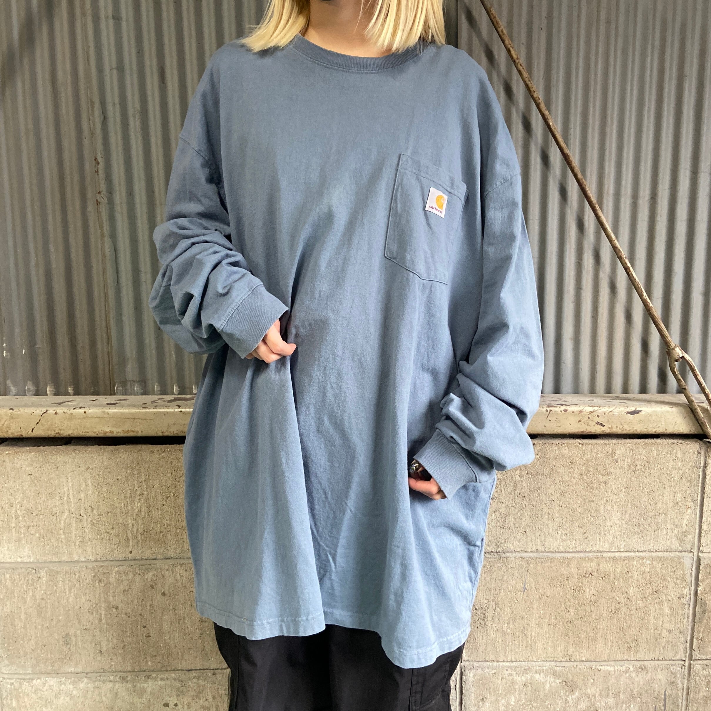 スーパービッグサイズ Carhartt カーハート ポケット ロングTシャツ 長袖Tシャツ メンズ3XL 古着 くすみブルー 水色 ポケT ロンT  大きいサイズ【ロングＴシャツ】【3anniv】 | cave 古着屋【公式】古着通販サイト powered by BASE