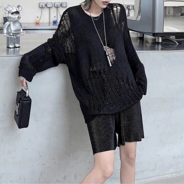Distressed openwork long knit C1631