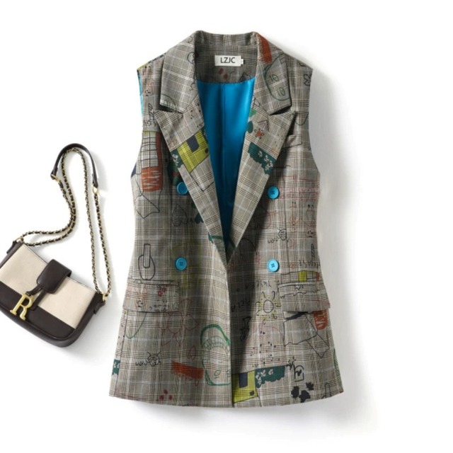 Graffiti Check Double-Breasted Vest 01478