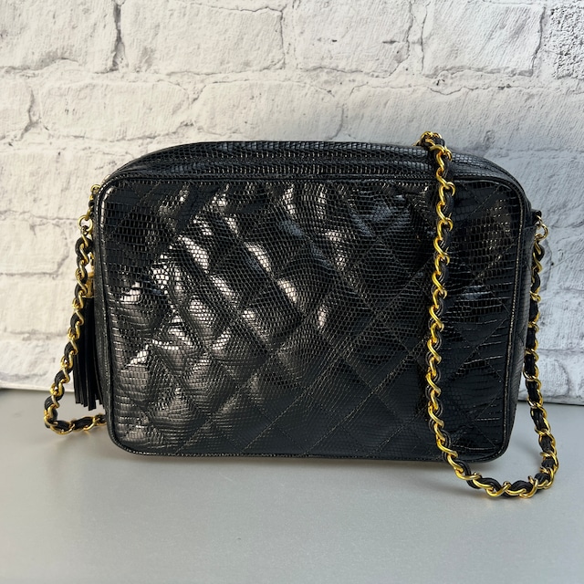 【最終処分SALE】CHANEL シャネル ココマーク フリンジ リザード ショルダーバッグ ブラック A-12124