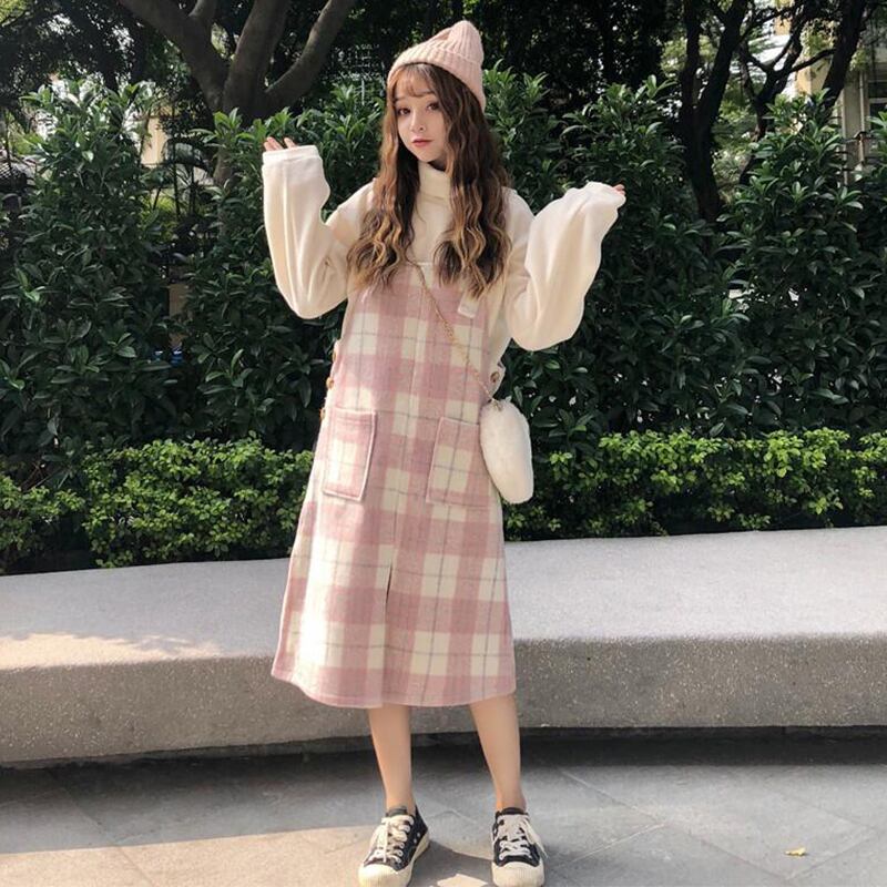 香港スタイルのレトロなミドル丈ドレス2020年春秋新作レディースチェック柄ストラップスカート学生小フレッシュ 萌量不足34065156433