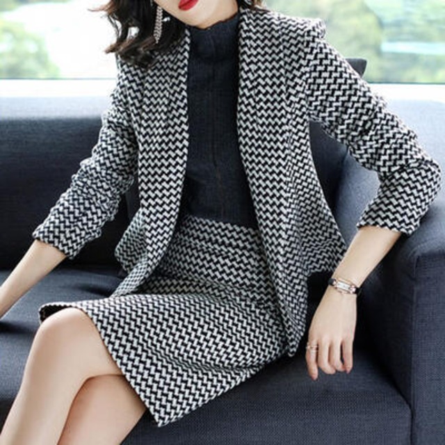 Xl 即納 セットアップ レディース 秋冬 ツーピース 2点セット ジャケット タイトスカート ひざ丈 千鳥格子 大きいサイズ Xl きれいめ オフィス フォーマル オフィス 代 30代 40代 50代 Like Fashion