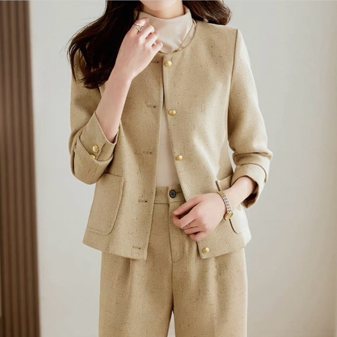 Gold button collarless jacket with pocket and pants setup 00126