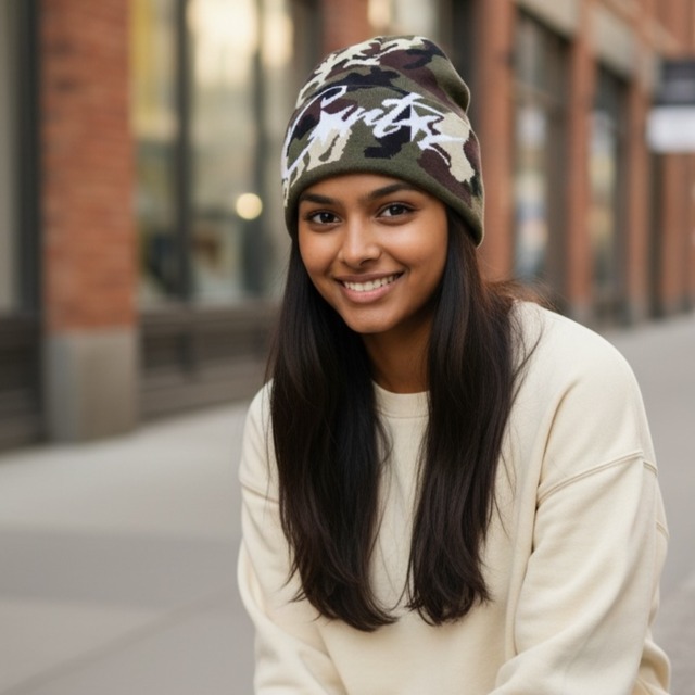 カモフラージュ柄 ロゴ ニットビーニー ◆5col    BL0484