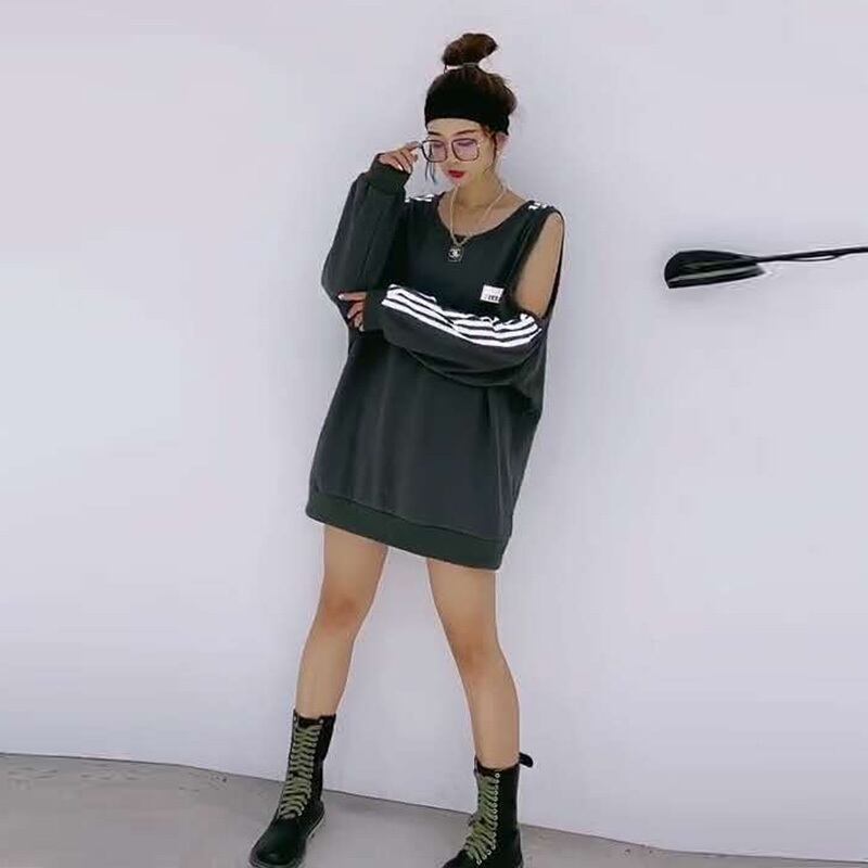 ストラップレスルーズTシャツ トップス ラウンドネック長袖スリーブストライプ ロング 大きめサイズ Oネック ミックスインファッション40996243553