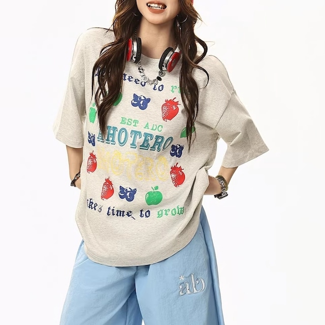 フルーツレタープリントルーズフォルムTシャツ 2col R02073