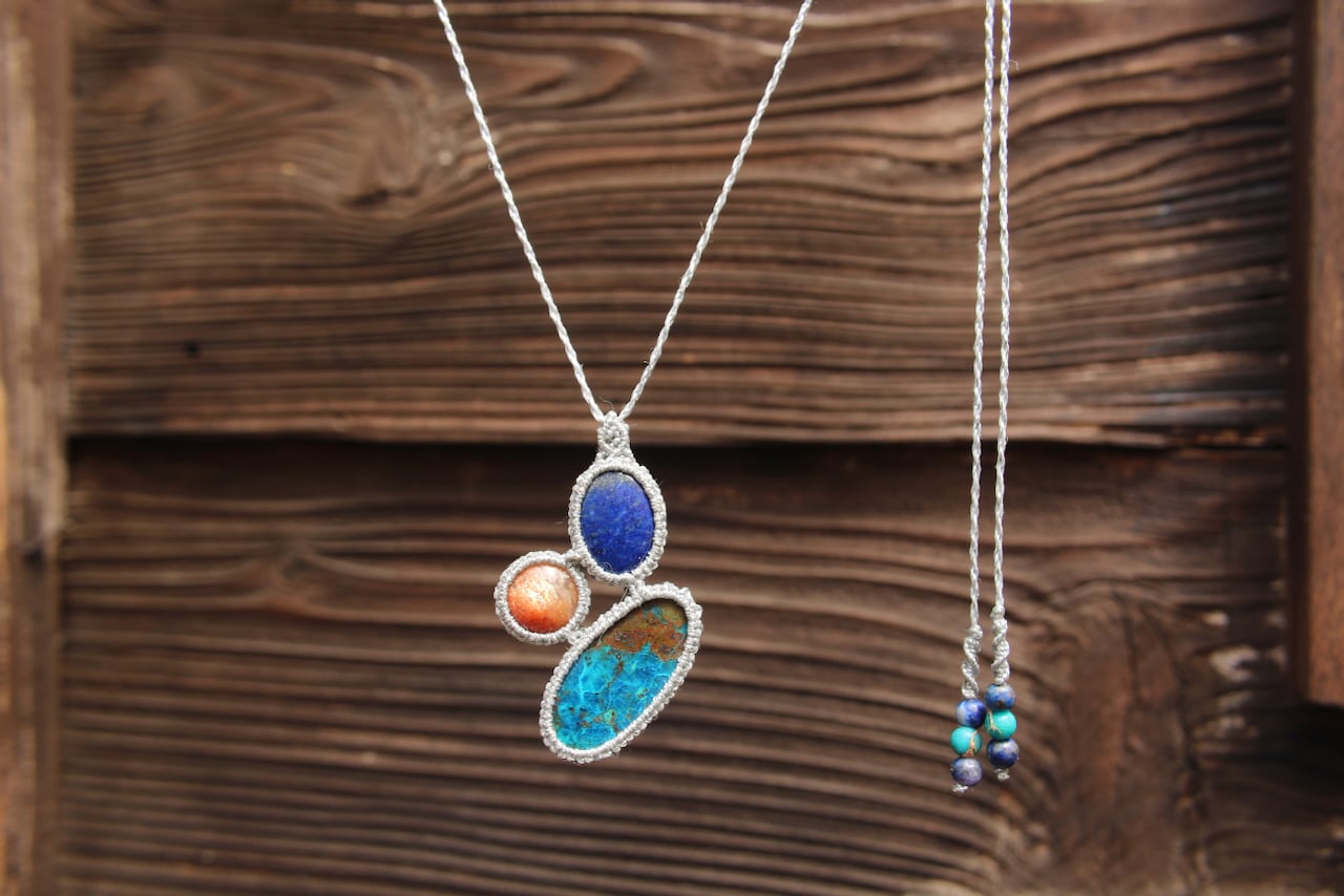 Chrysocolla malachite & Sunstone & Lapis lazuli micro macrame pendant
