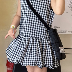 夏チェック柄バルーンワンピース