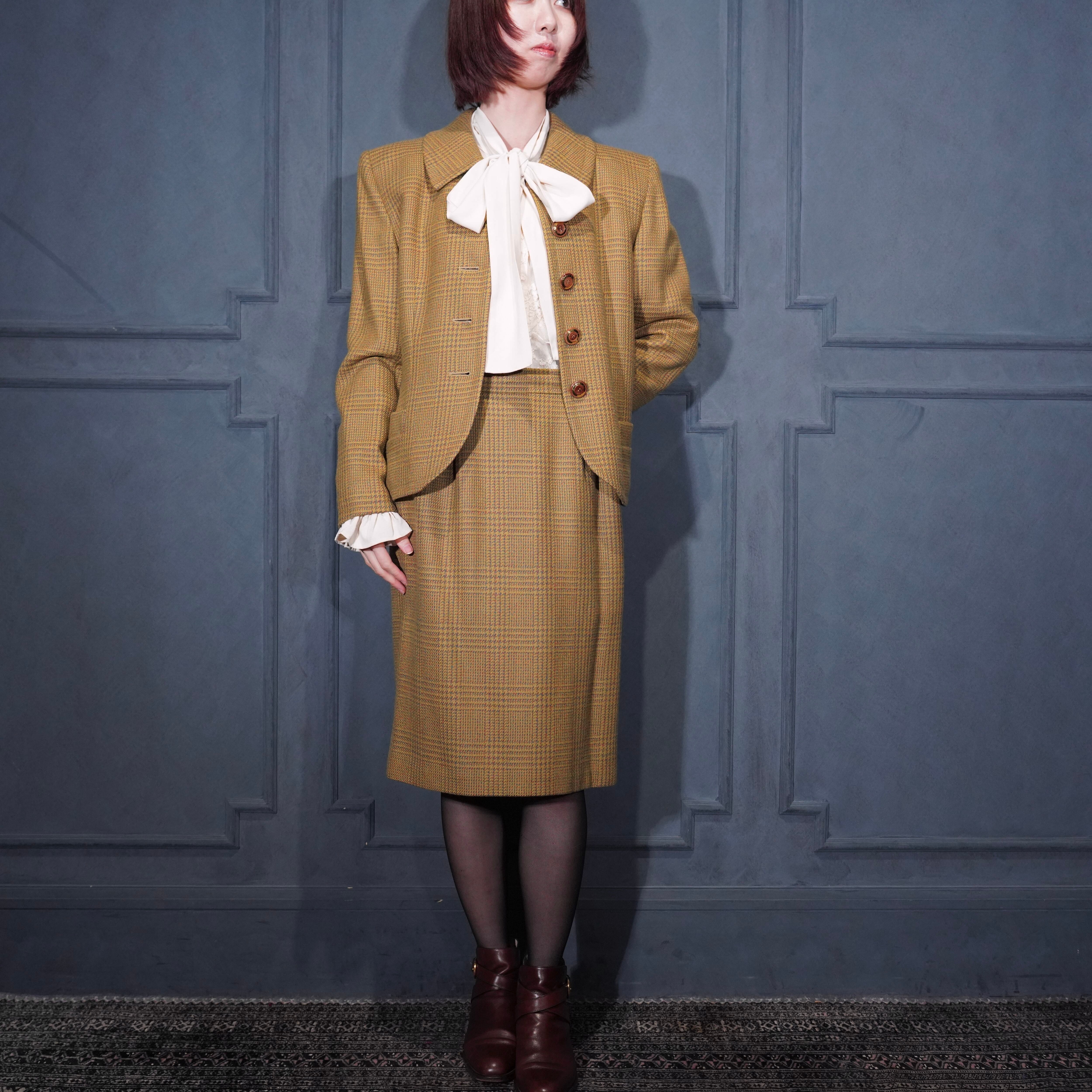 YVES SAINT LAURENT✨ダブルブレスト　スカートスーツ　チェック麻 YVES SAINT LAURENT CHECK PATTERNED WOOL SET UP SKIRT/イヴサン
