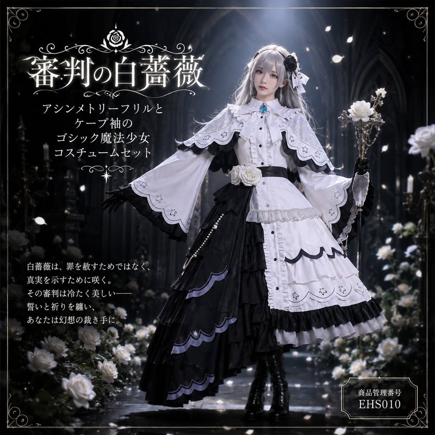 魔法ロリータ 3点セット 審判の白薔薇 アシンメトリーフリルとケープ袖のゴシック魔法少女
