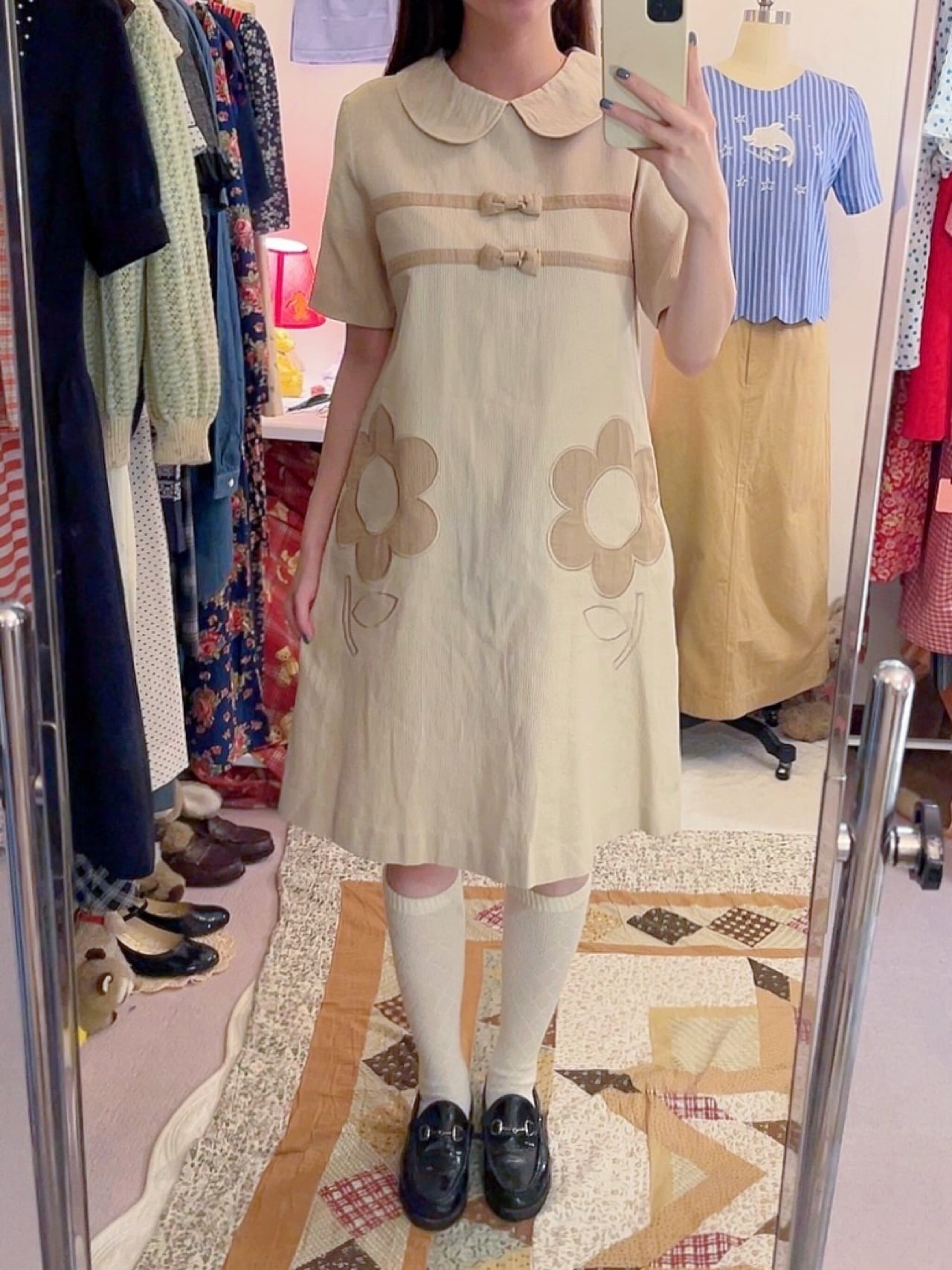 ribbon beige corduroy one-piece