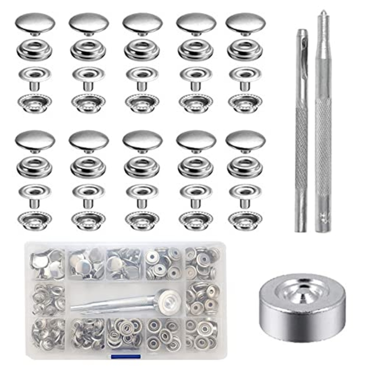 ジャンパーホック ステンレス鋼メタルボタン 15mm 10セット レザークラフト 工具 手芸/家庭/裁縫用 DIY 手作り/ハンドメイド/レザークラフト/鞄/服/ジャケットアクセサリー/財布/キーケース シルバー 収納ケース付き