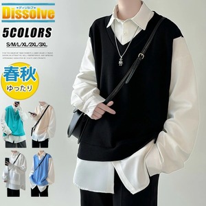 シャツ 長袖 長袖シャツ 重ね着風 メンズ 5色 S-3XL 無地 切り替え ゆったり 春秋 カジュアル 25LT332