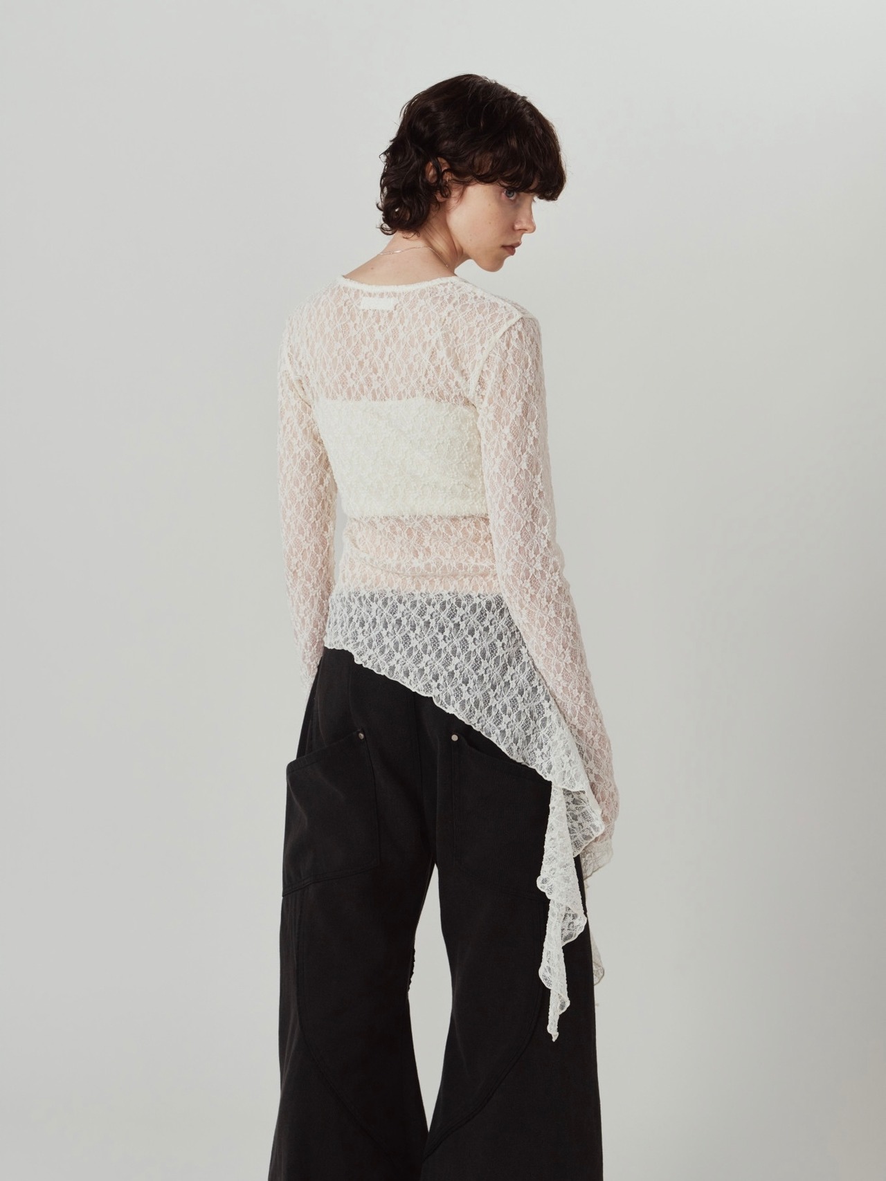 Lace Gathered Top / WHITE - 4