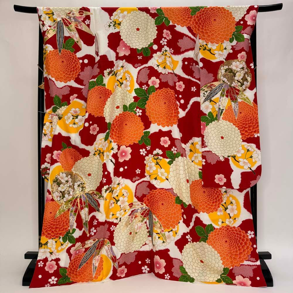 振袖 中古 赤 正絹 古典 裄68cm 身丈172cm 美品 L サイズ 成人式 6745