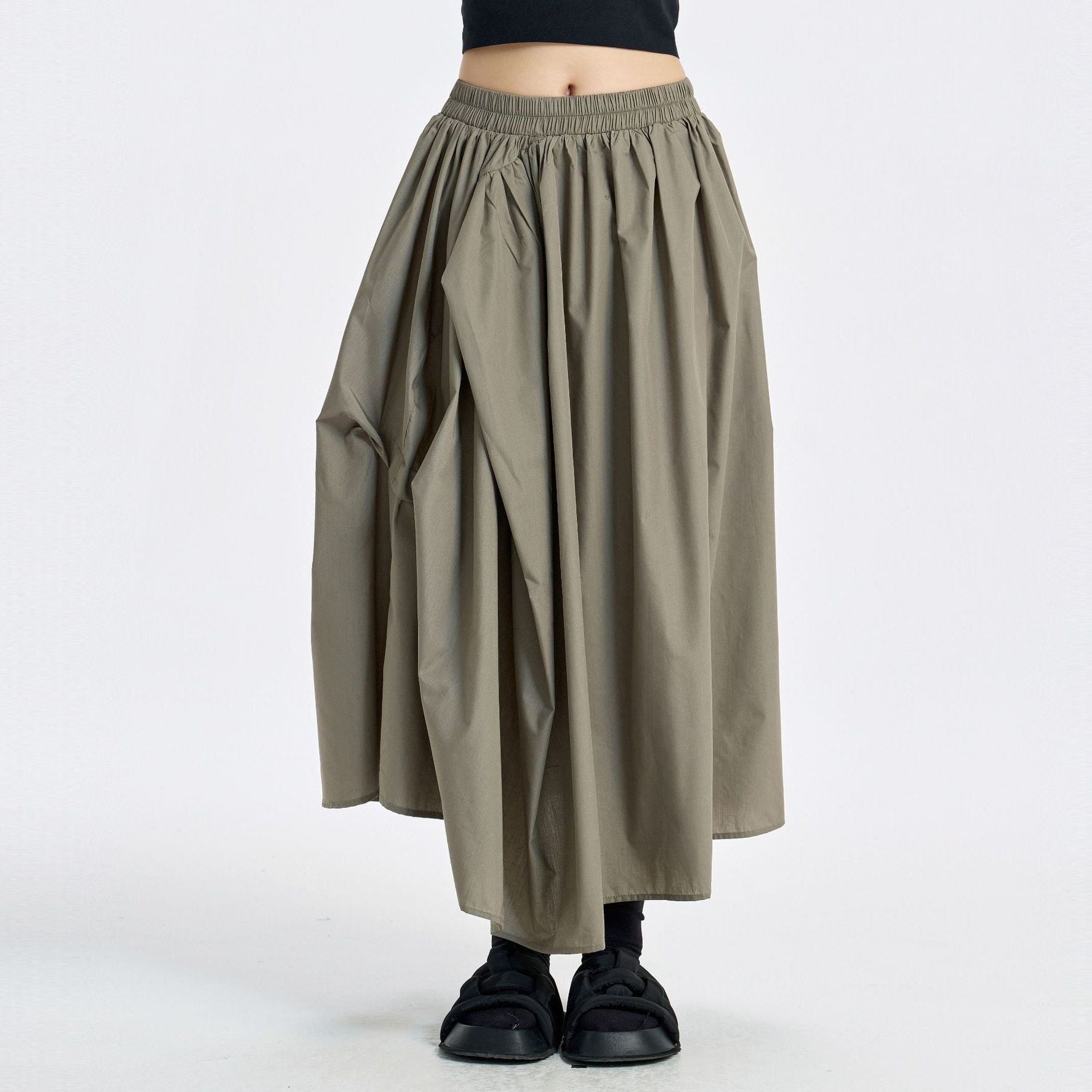 ASYMMETRIC DRAPED ELASTIC WAIST MIDI SKIRT M-17854