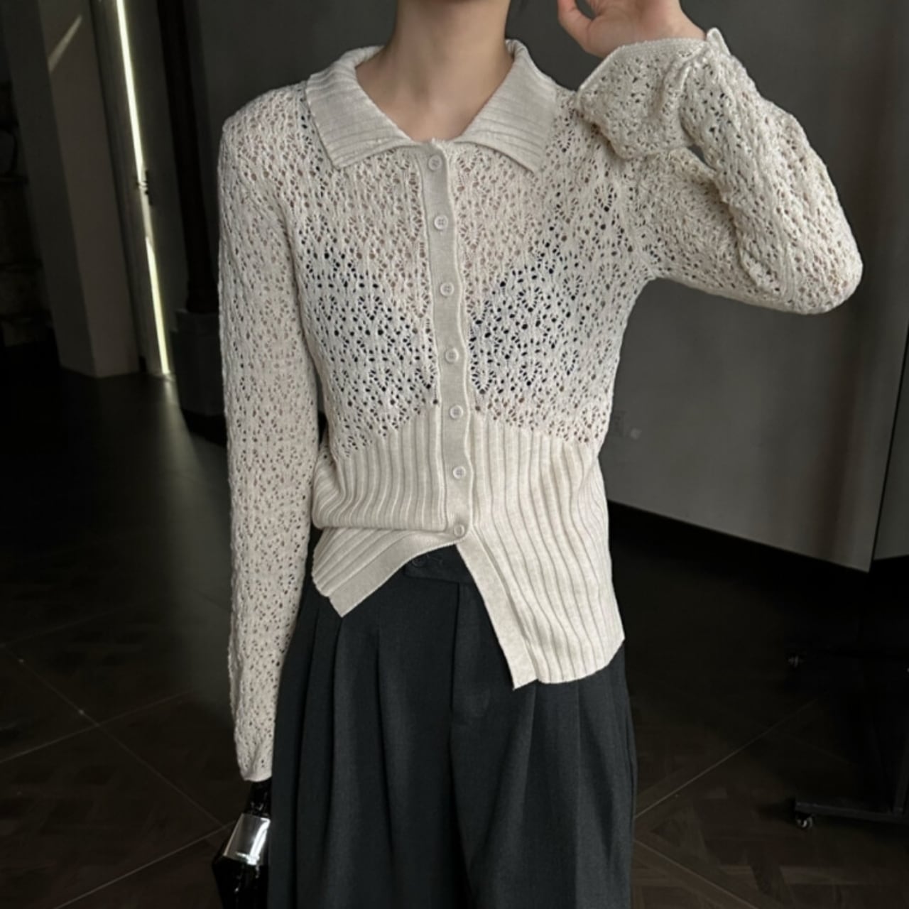 Crochet-knit Polo-neck Cardigan 00933