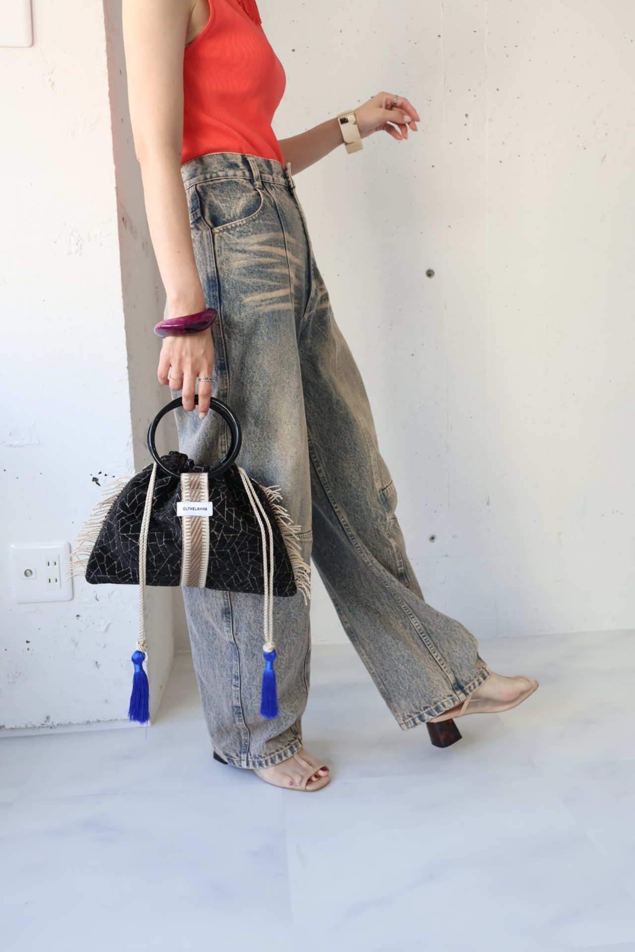 Art Fabric Ring Bag-Beigeline× Royal Blue