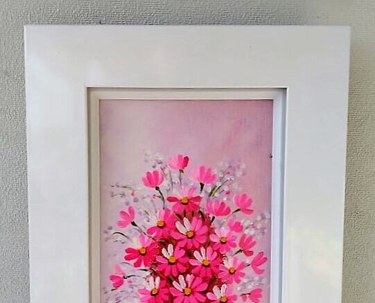 矢野恵子 「赤い花」 油彩画 額縁外寸27.0x56.5x4.5cm 絵16.0x45