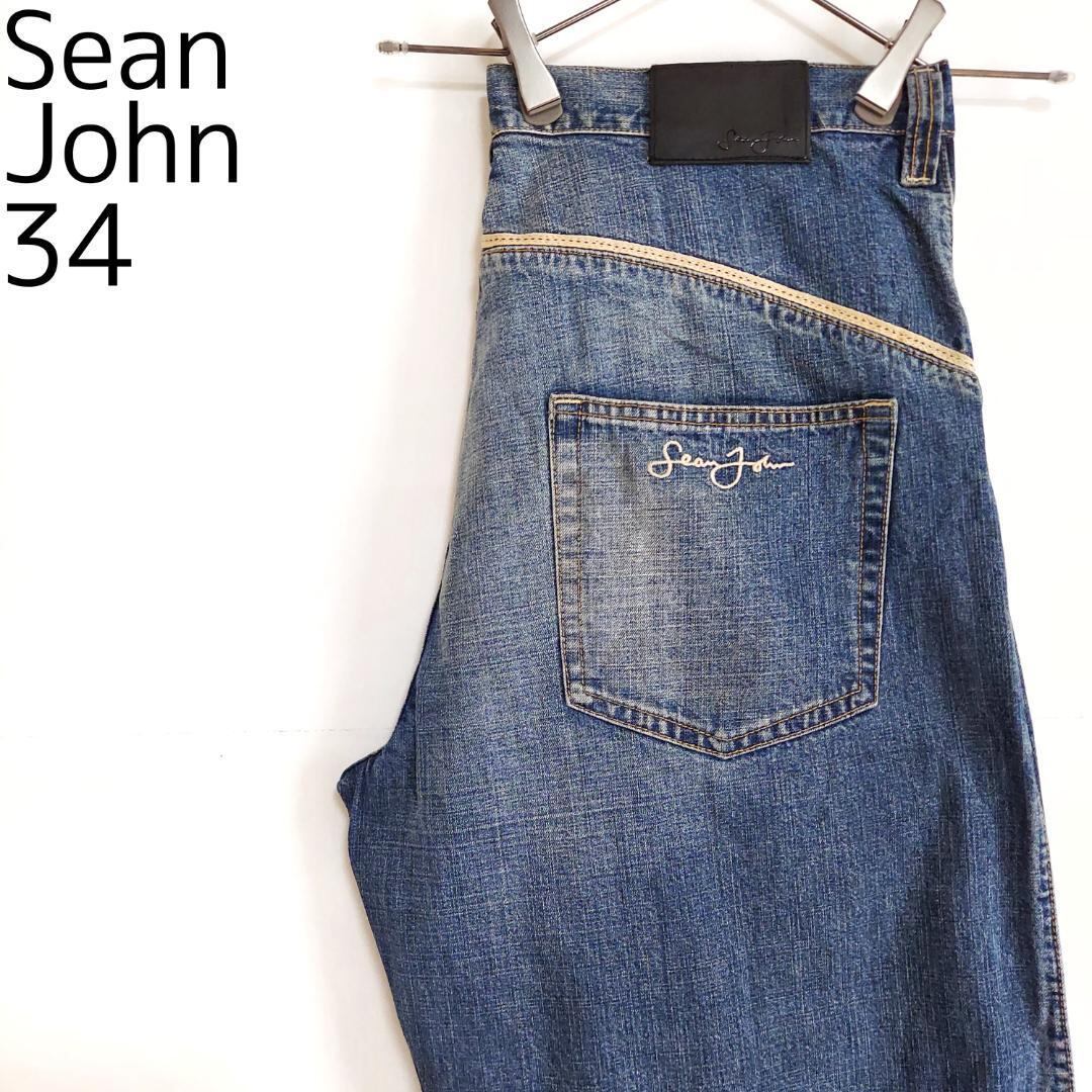 W34 ショーンジョン ポケットロゴ刺繍 ワイドバギーデニム ボトム