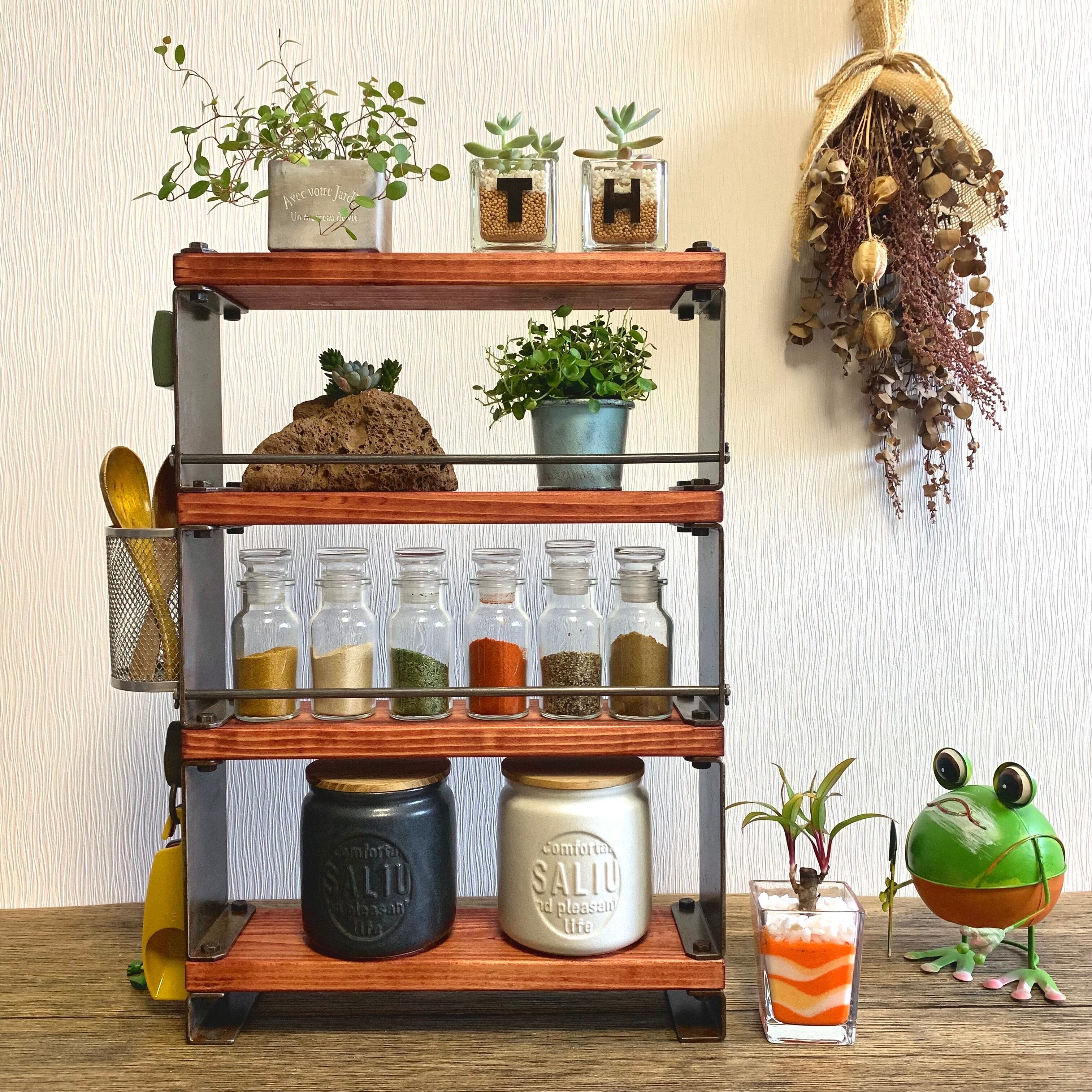 台所周りもスッキリ収納♪キッチン収納棚♪4段 ミディアムウォルナット