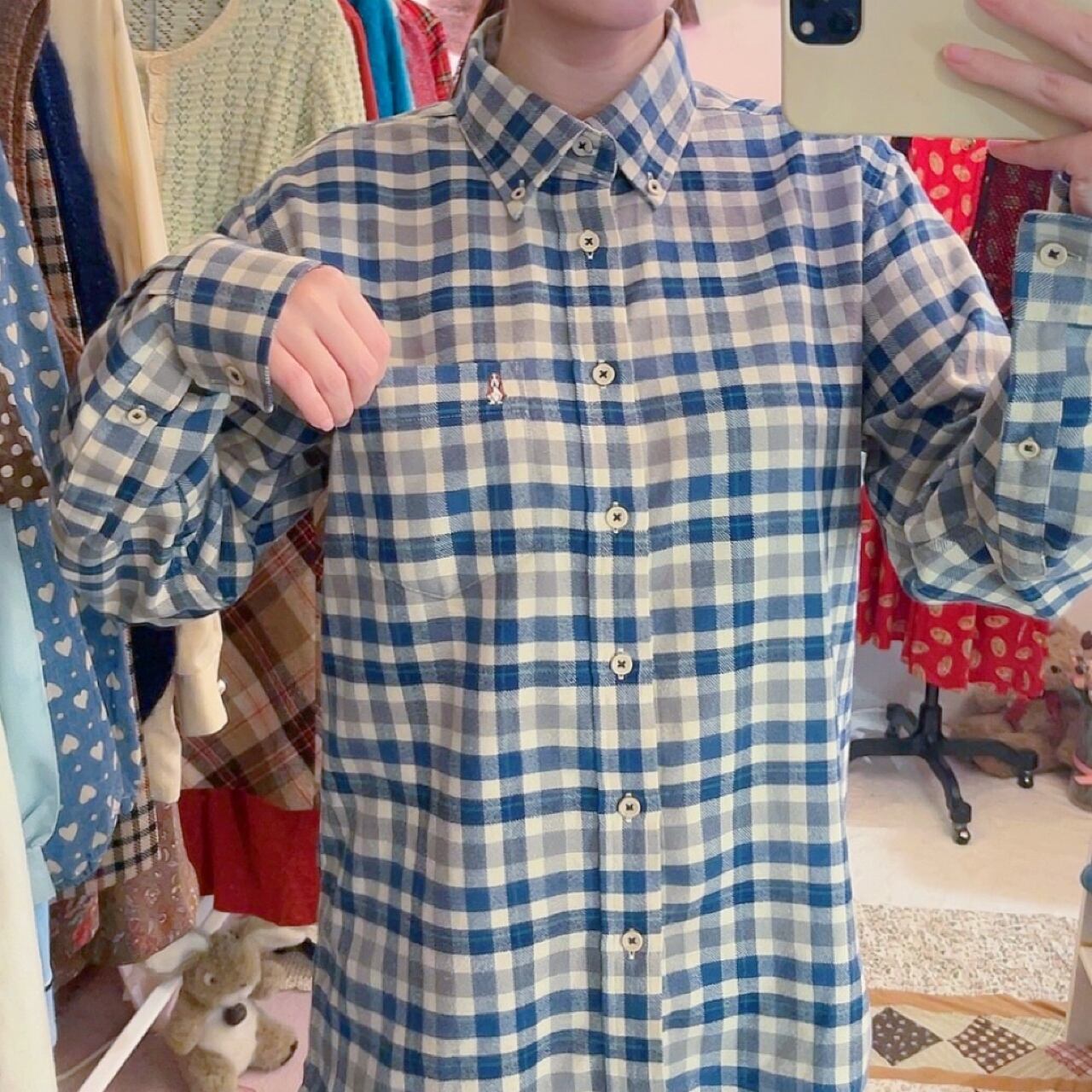 blue green check flannel shirt