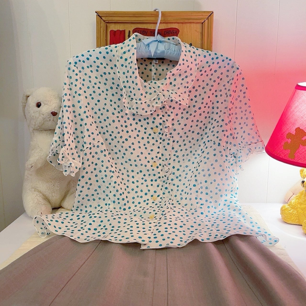 water blue dot frill blouse