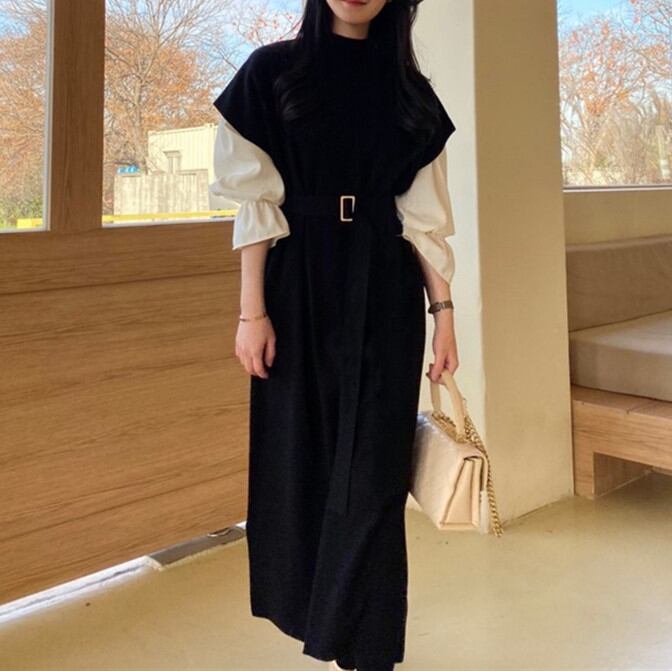 ワンピース ブラウス セットアップ ベルト付き ロング丈ワンピース 韓国風 レディース服 秋冬新作