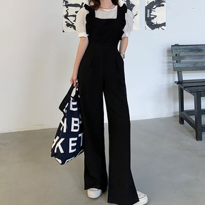 サロペット パンツ ズボン オーバーオール ボトムス ストレート 袖なし フリル ハイウエスト 切り替え スクエアネック 無地 シンプル  スリット ストレートレッグ ゆったり ゆる ルーズ 重ね着 レイヤード コーデ 脚長 美脚 韓国 オルチャン カジュアル 大人可愛い かわいい 可愛い 大人女子 おしゃれ お洒落 通勤 通学 学生 お出かけ デート 旅行 休日 普段着 普段使い 着回し レディース 10代 20代 春 夏 秋 S M L XL 6752
