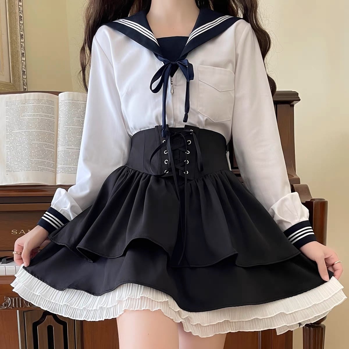lace-up back ribbon mini skirt A0192 | frenty