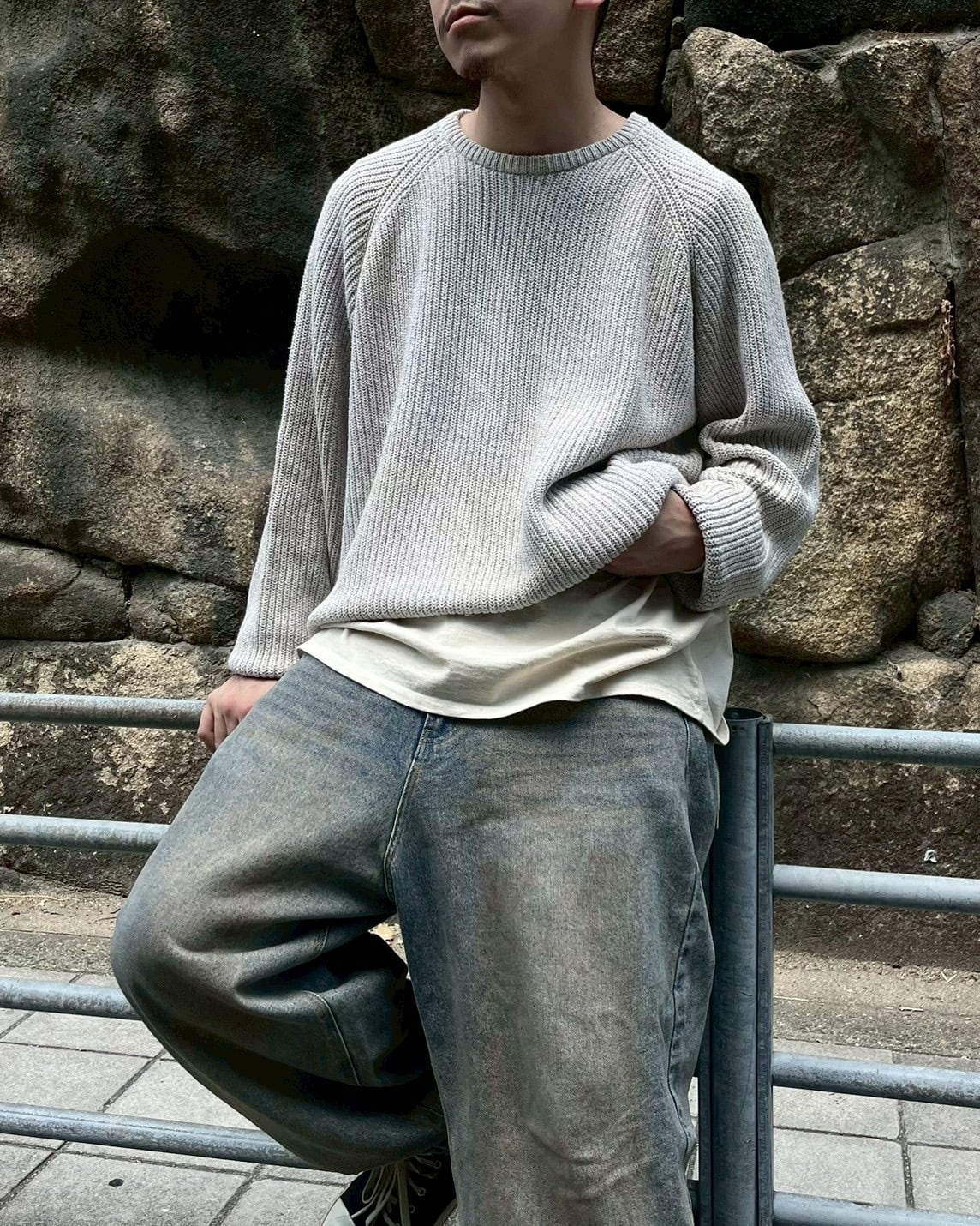 ~90s LAND'S END Plane Cotton Knit British Hong Kong製