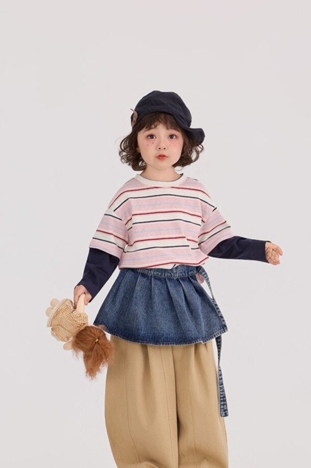 重ね着風マルチボーダーTシャツ（ピンク）BOBI 2026春｜90-150cm｜トップス｜Tシャツ｜長袖 ［取寄］
