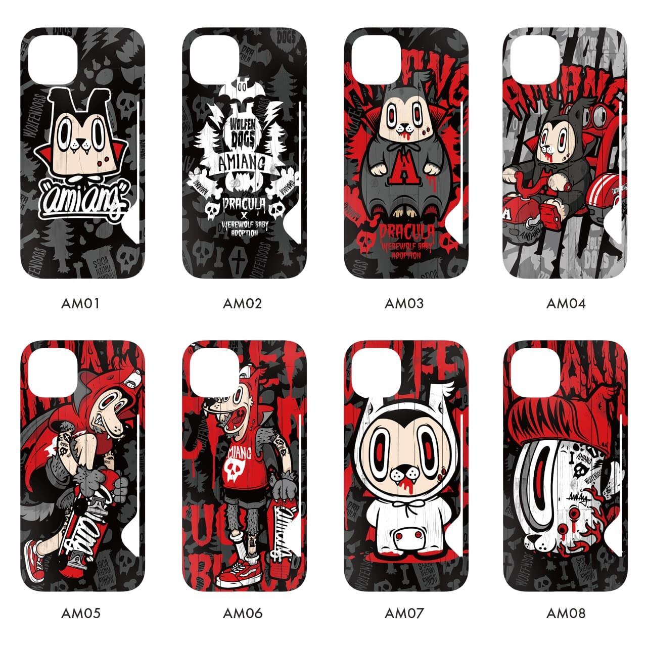 カード収納型 スマホケース Amiang かわいい グロかわ 病みかわ キャラクター 韓国 デザイナーズ Iphone Galaxy 携帯カバー ドラキュラ 狼 オオカミ アミアン02 Am03 アイフォン ギャラクシー 背面ポケット 軽量 薄型 衝撃吸収 タフ設計 レンズ保護 韓国
