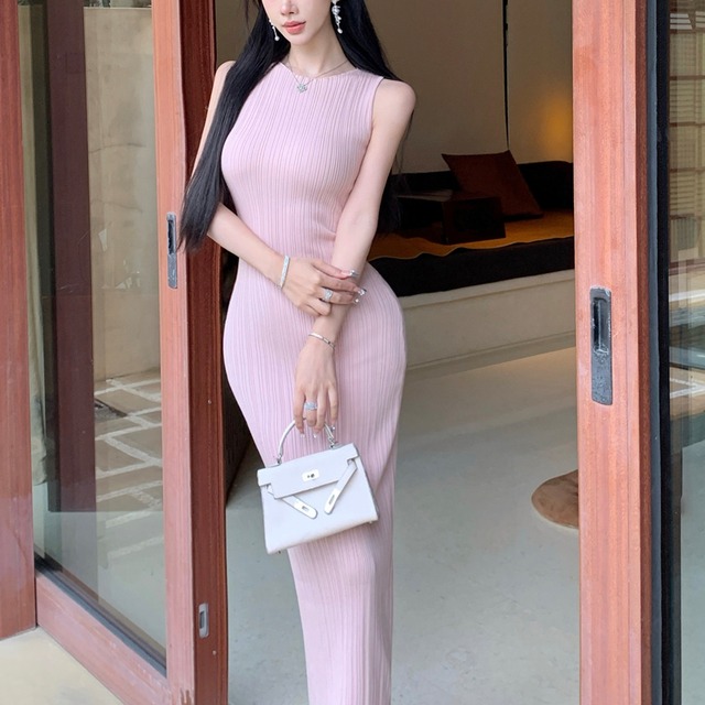 ワンピース ニット ノースリーブ エレガント 気質満点 ピンク S M