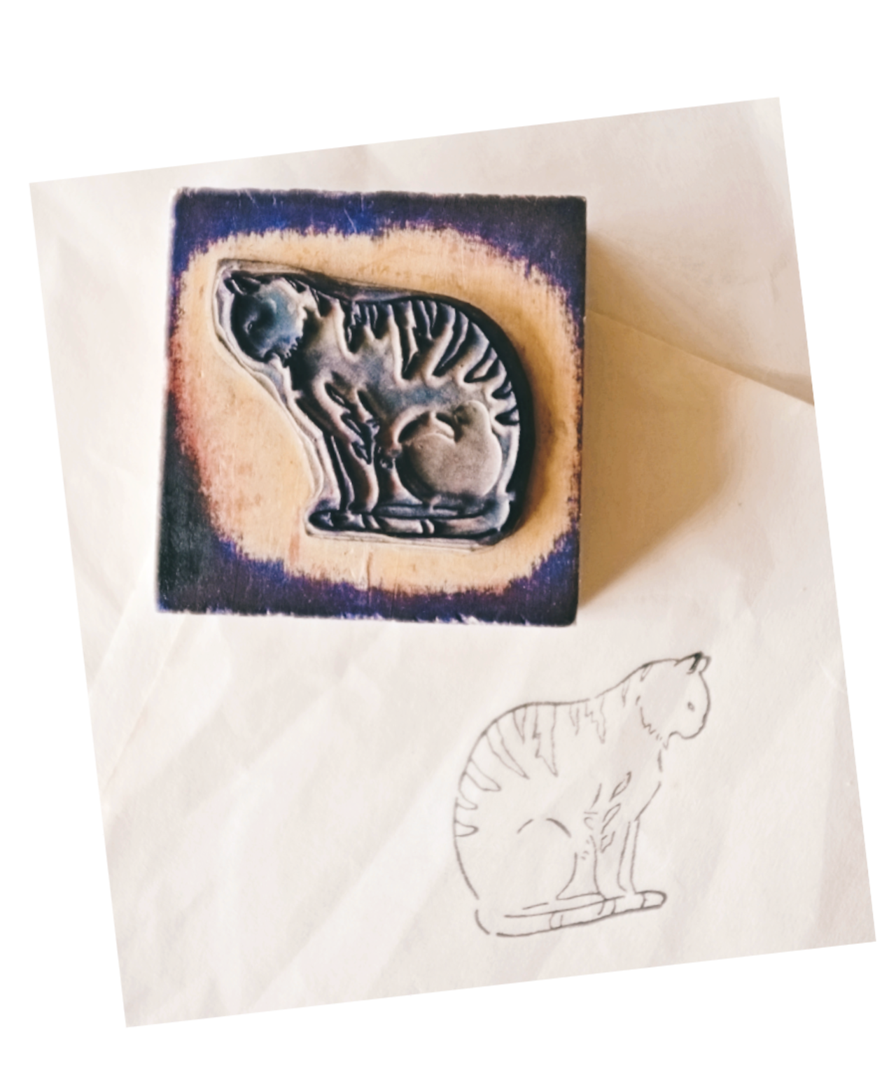 フランス 6c 居眠りの猫さんとメランコリーな木製スタンプ ヴィンテージ