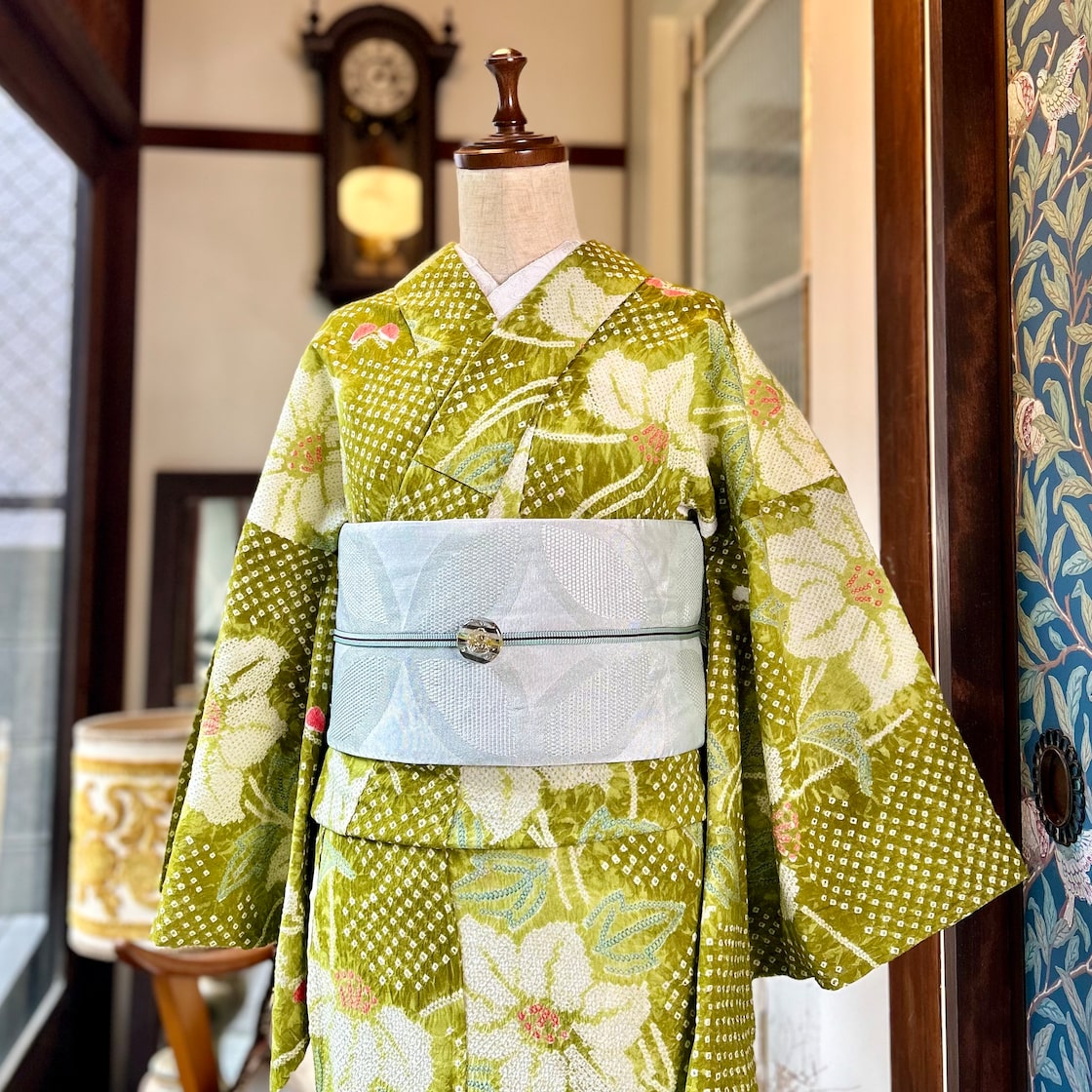 long＊蝶との戯れ＊有松鳴海絞り浴衣 グリーン クレマチス 鉄線 花  