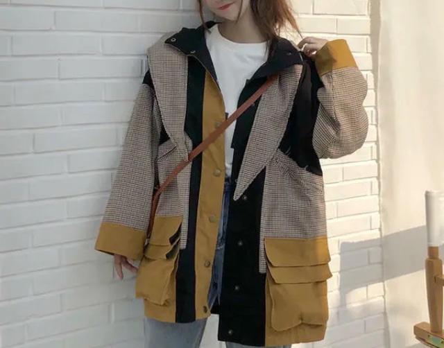 アウター 秋 ブロッキング 個性的 2019 韓国ファッション 枯色 かわいい