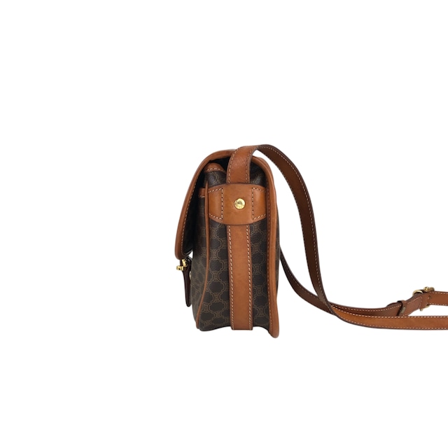 CELINE セリーヌ マカダム ショルダーバッグ ブラウン ブラゾン型押し フロントバックル PVC/レザー vintage ヴィンテージ オールド bk3xcz