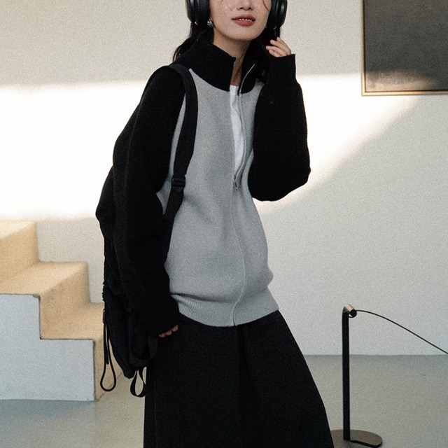 color-block zip knit cardigan　J00210