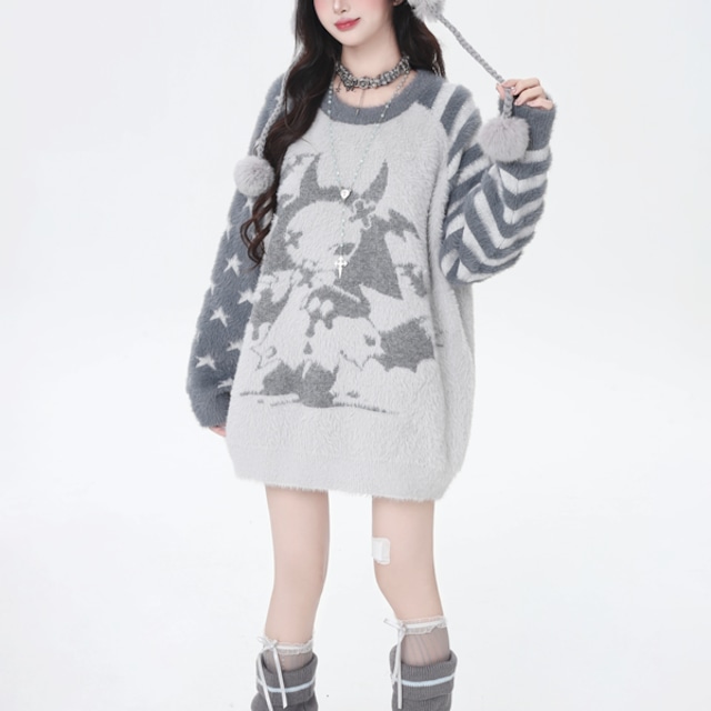 アシメパターンスリーブデビルモンスターグラフィックニット(2カラーあり)(lli_6378)