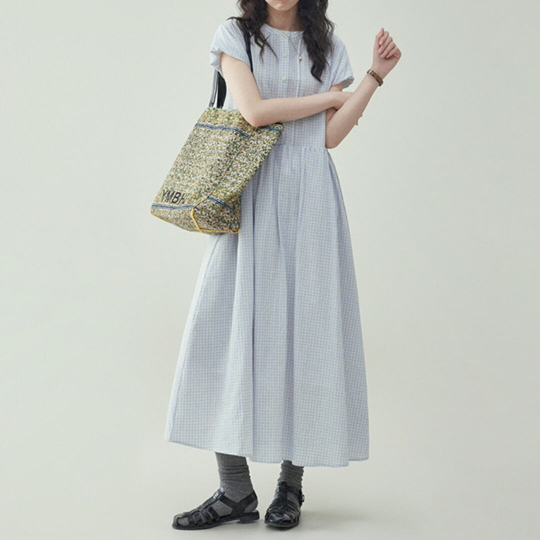 blue check pattern floral sleeve pure cotton dress