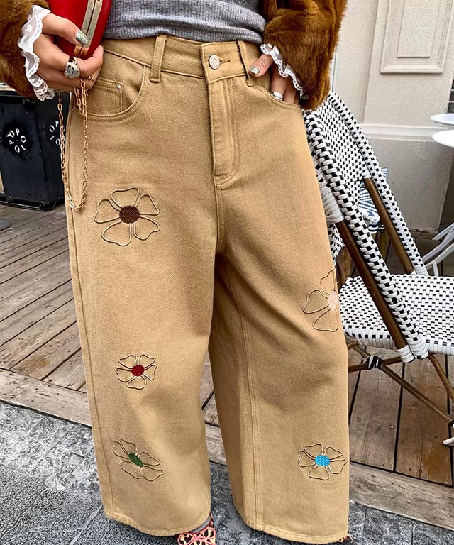 フラワーツイルデニムパンツ Q0531