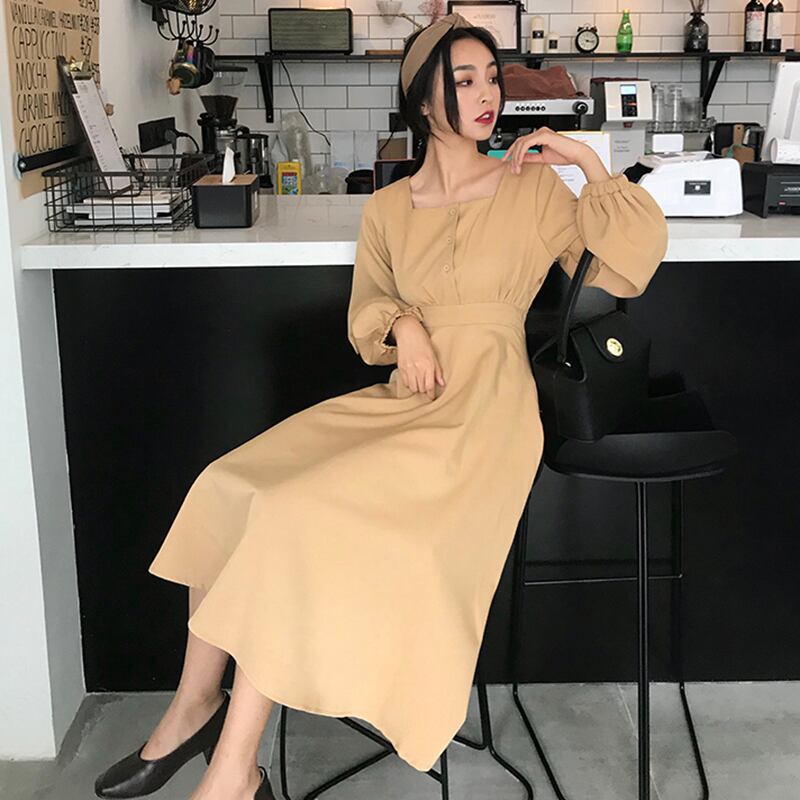 3つのボタンと大きなスイングスカート、ワイルドウエスト、ランタンスリーブ、無地、香港の味、シックな気質、スクエアカラーの女性を備えたミドル丈のドレス YY-ファッション69972428863