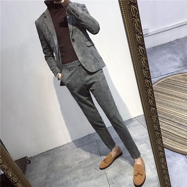 【予約販売】メンズ スーツ コーデュロイ 無地 きれいめ ブラック グレー ジャケット パンツ セット セットアップ パーティ 二次会 同窓会 結婚式 韓国 トレンド S/M/L/XL/2XL/3XL/4XL