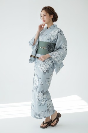 浴衣ジェンヌ 浴衣5点セット くすみブルー 薔薇 ローズ ポリエステル ゆかた 半幅帯 浴衣